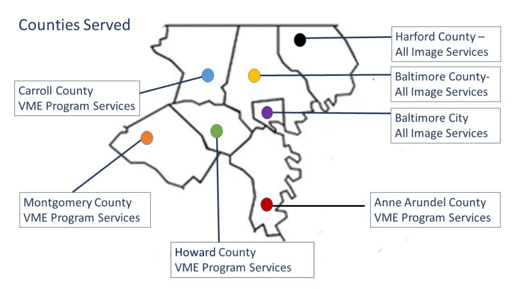 Harford, Baltimore City, and Anne Arundel County: all IMAGE services. Carroll, Montgomery, and Howard County, VME Services.