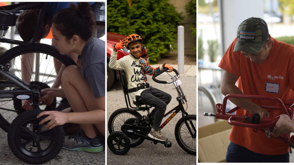 Photo collage of three images. Image One: Young engineer adding adaptive wheels to a two-wheeled bicycle. Image Two: Young person wearing a helmet, smiling, and riding an adaptive bicycle outdoors. Image Three: Young engineer working on handlebars of an adaptive bicycle.