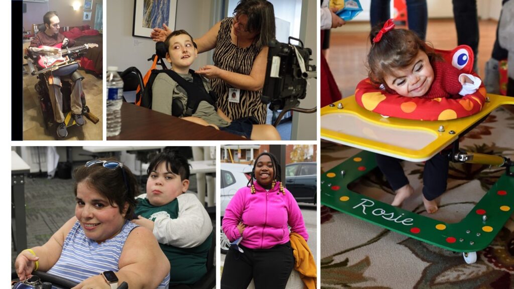 Collage of 5 photos. Photo 1: Client with quadriplegia received a custom guitar to return to his artistry. Photo 2: Young teen with multiple disabilities requested a beach chair for summer fun. Photo 3: Mom and son with dwarfism requested a custom fitted winter coat and custom dining room furniture. Photo 4: Young teen with congenital anomalies requested a cool, specialized bike. Photo 5: A toddler with cornelia de lange syndrome family requested a specialized walker to build leg strength.
