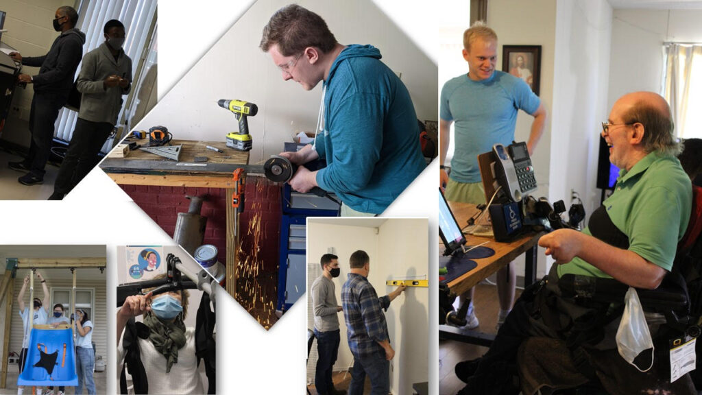 Collage of people interacting with various forms of Custom Solutions. From top left: Professor and engineering student using a computer and dry erase board; Engineer wearing safety glasses using power tools; Wheelchair user and engineer smiling at an adapted phone; Two engineers using a leveler against a wall; Occupational Therapist testing a transfer system. Three engineers building an adaptive swing set.