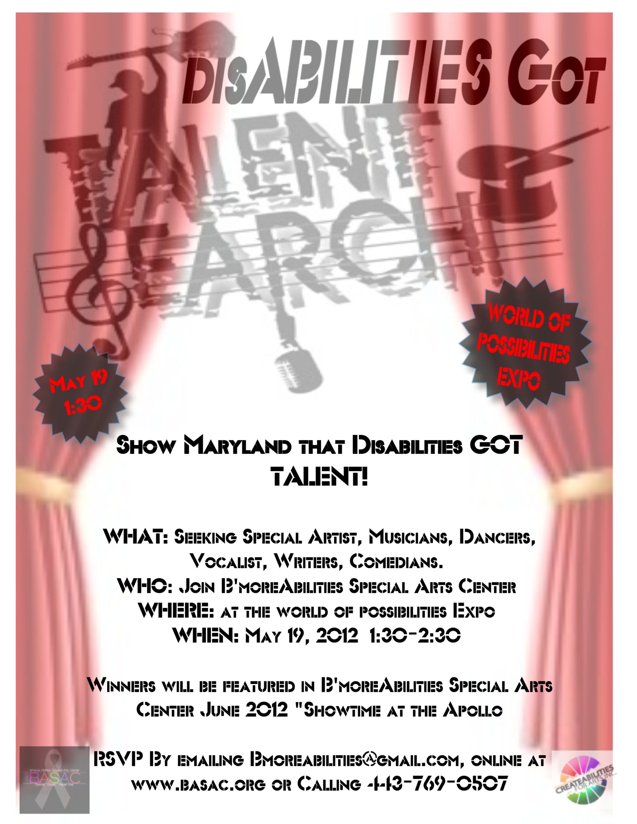 talent show with B'more Abilities Flier Sat. May 19th 1:30 Timonium Fair Grounds