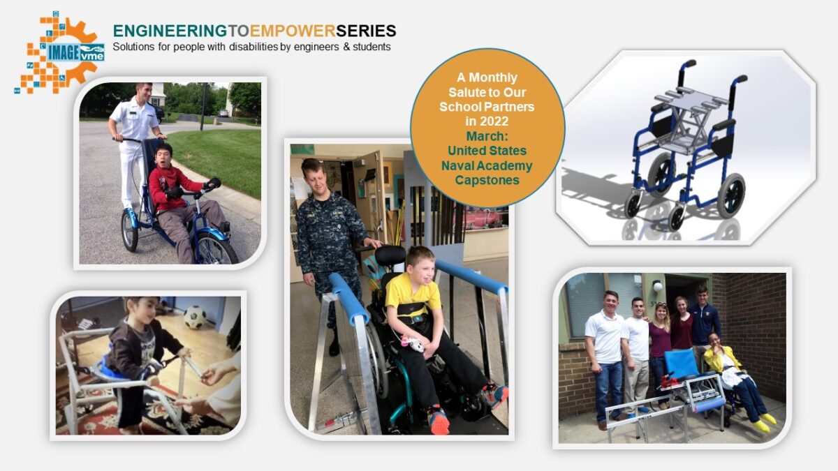 Volunteers for Medical Engineering (VME) United SMan in white Navy uniform pushing boy in adaptive bicycle. Child in device that assists with standing. Man in Navy blue camoflauge with boy in motorized wheelchair. Illustration of customized mobile walker. Group of volunteers with custom assistive device.