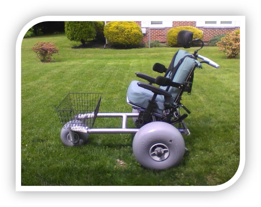 Completed beach chair with supportive padding, heavy duty wheels, steel frame, and storage basket.