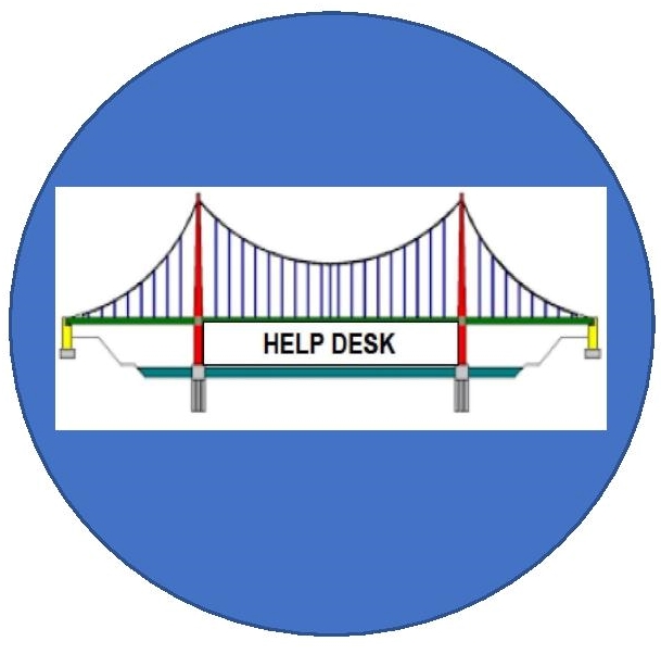 A large blue circle on which a horizontal view of a suspension bridge erected over a body of water. The word “HELPDESK” appears centered below the base of the bridge and above the water.