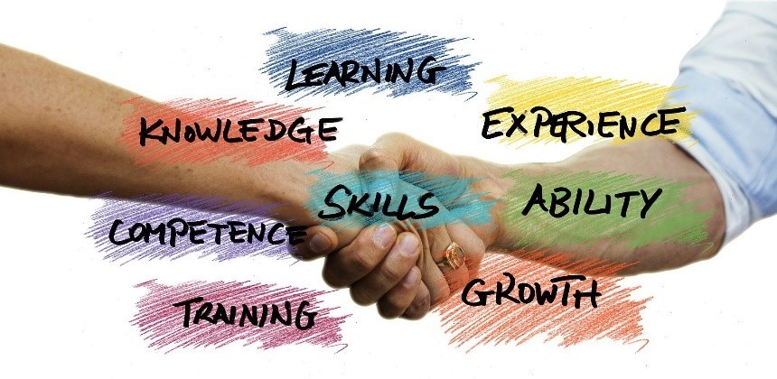 Two hands shaking in a hand shake with the words all around them that read "Knowledge, Experience, Skills, Ability, Competence, Training, Growth". 