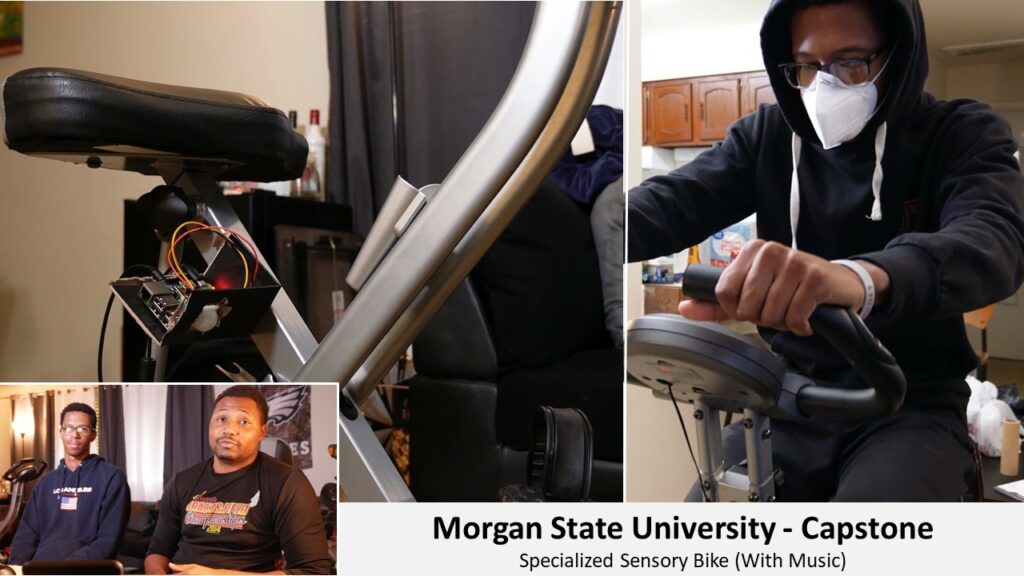 Morgan State University Capstone. Specialized Sensory Bike with music. Photo collage of two engineers who built the bicycle and the bicycle in use.