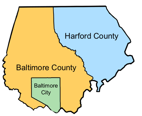 map, Baltimore County, Baltimore City, Harford County