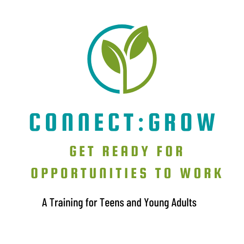 A new sprout of a plant growing upwards encased with a two toned color sphere with words below reading Connect: GROW Get Ready for Opportunities to Work. A training for teens and young adults. 