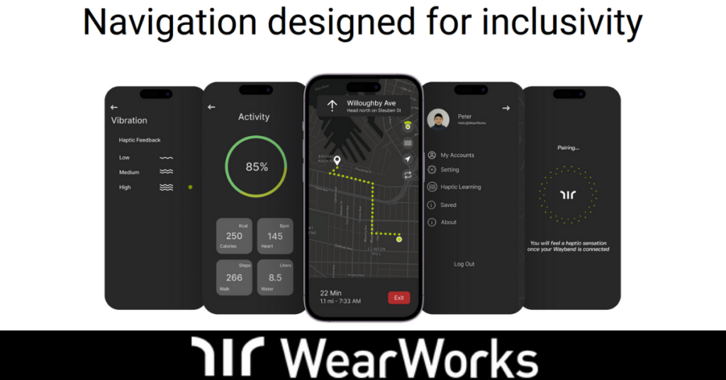 Five mobile phones showcasing different functions of the HapticNav app. Text says, "Navigation designed for inclusivity. WearWorks."