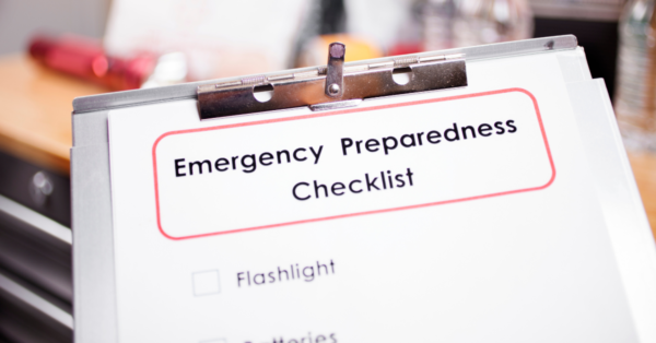 Emergency preparedness checklist and natural disaster supplies.