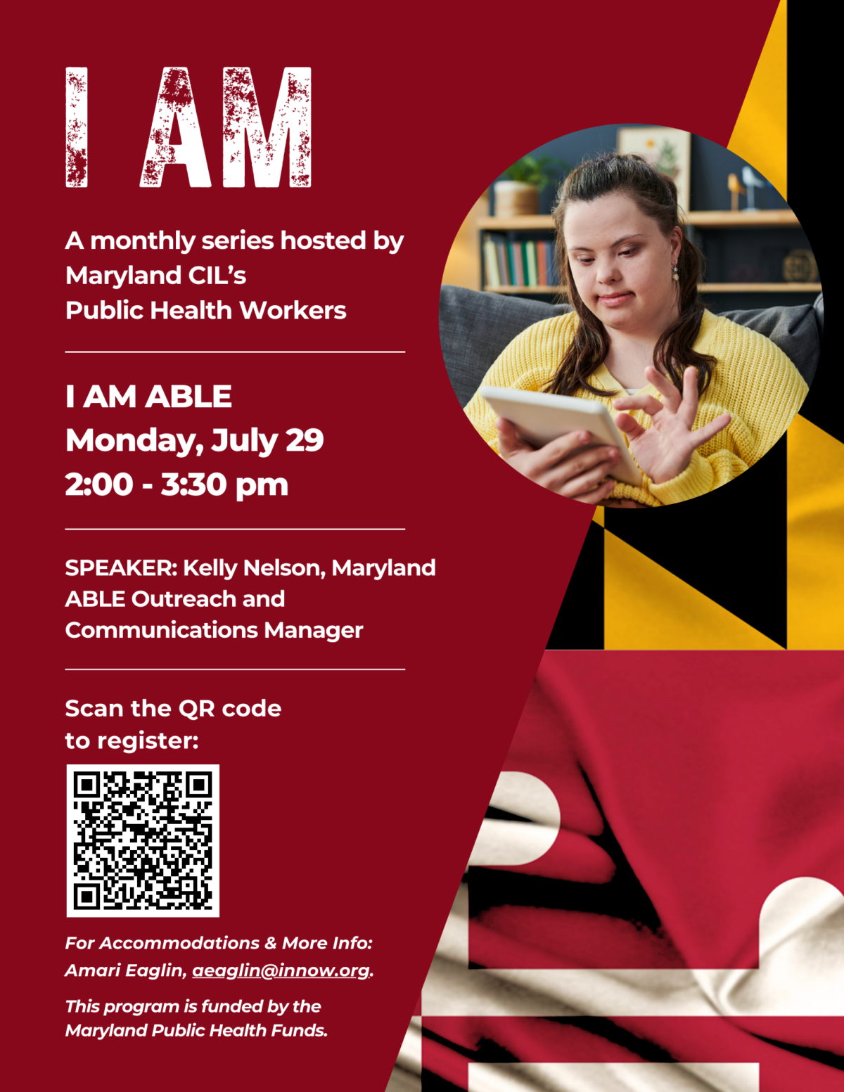 Graphic promoting I AM Able event with photo of young woman with a disability using a tablet.