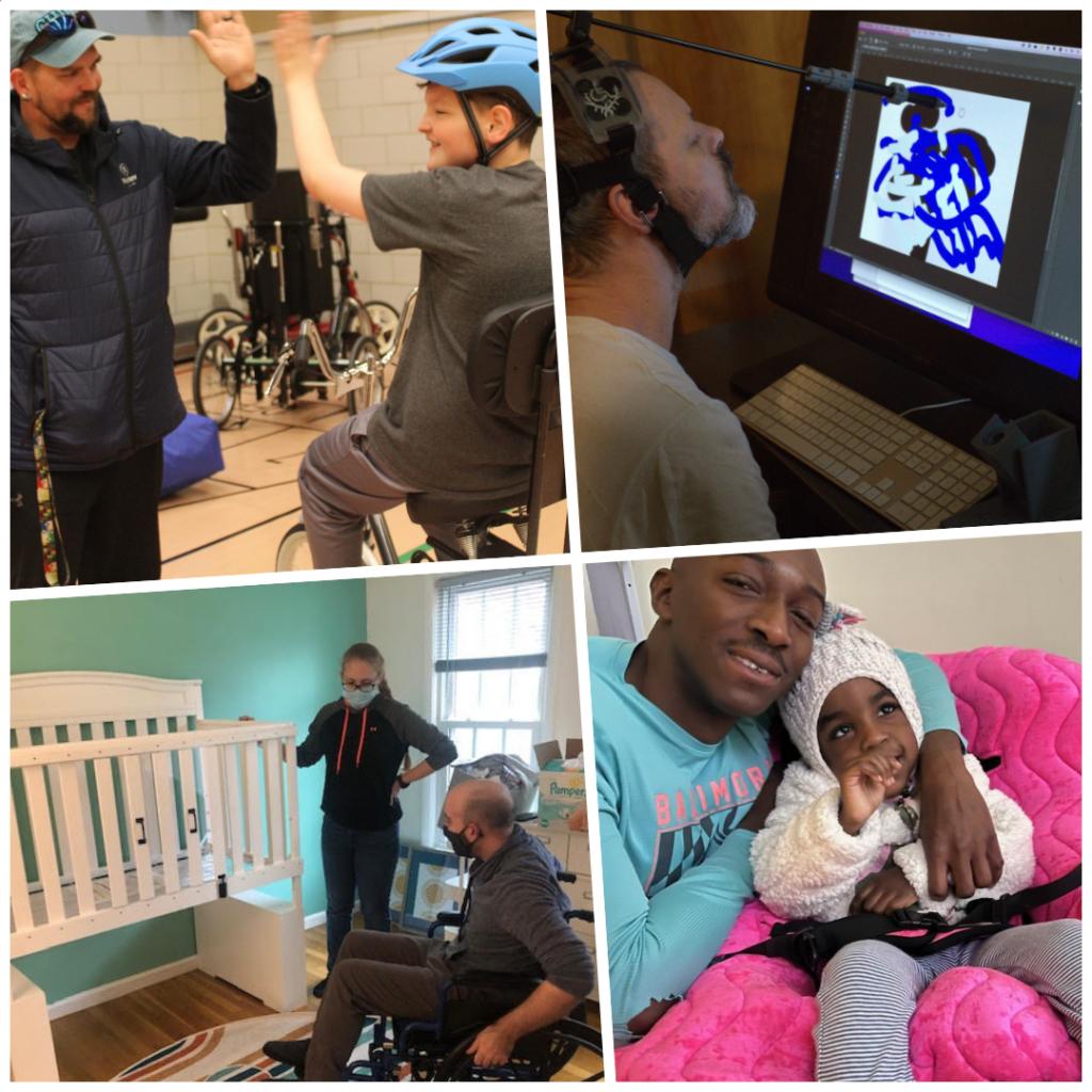 Kid in adaptive bike high fives another rider. Man uses head pointer on a computer. Dad iopens adapted crib from the bottom up. Dad and baby snuggle.