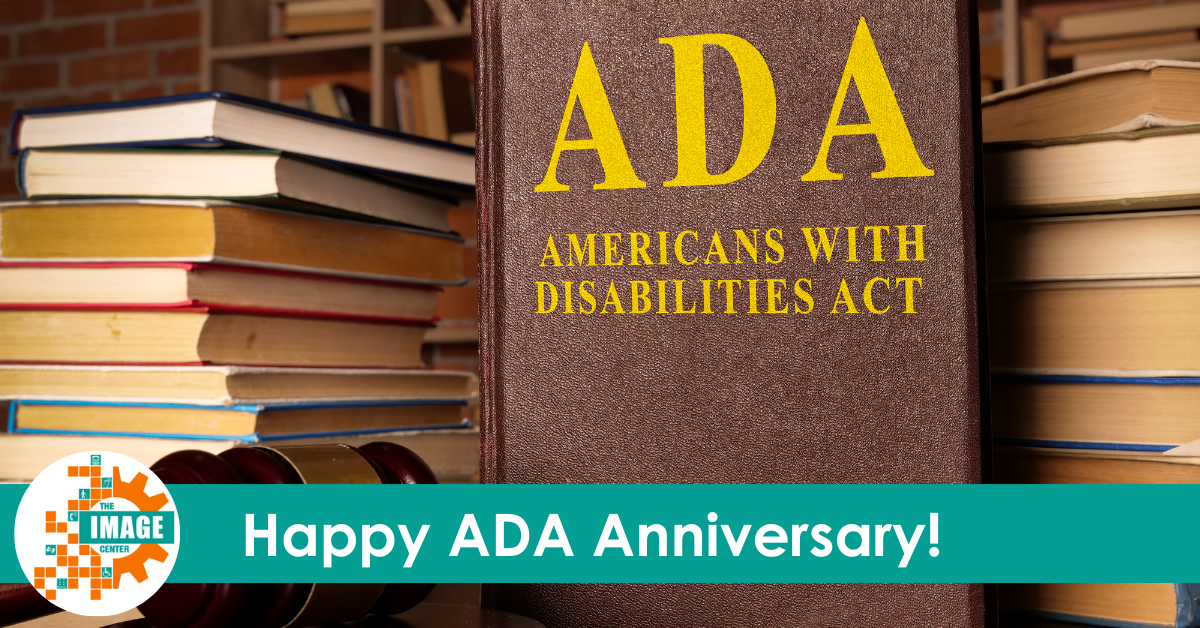 Gravel and ADA book with document. A teal banner says, "Happy ADA Anniversary!"