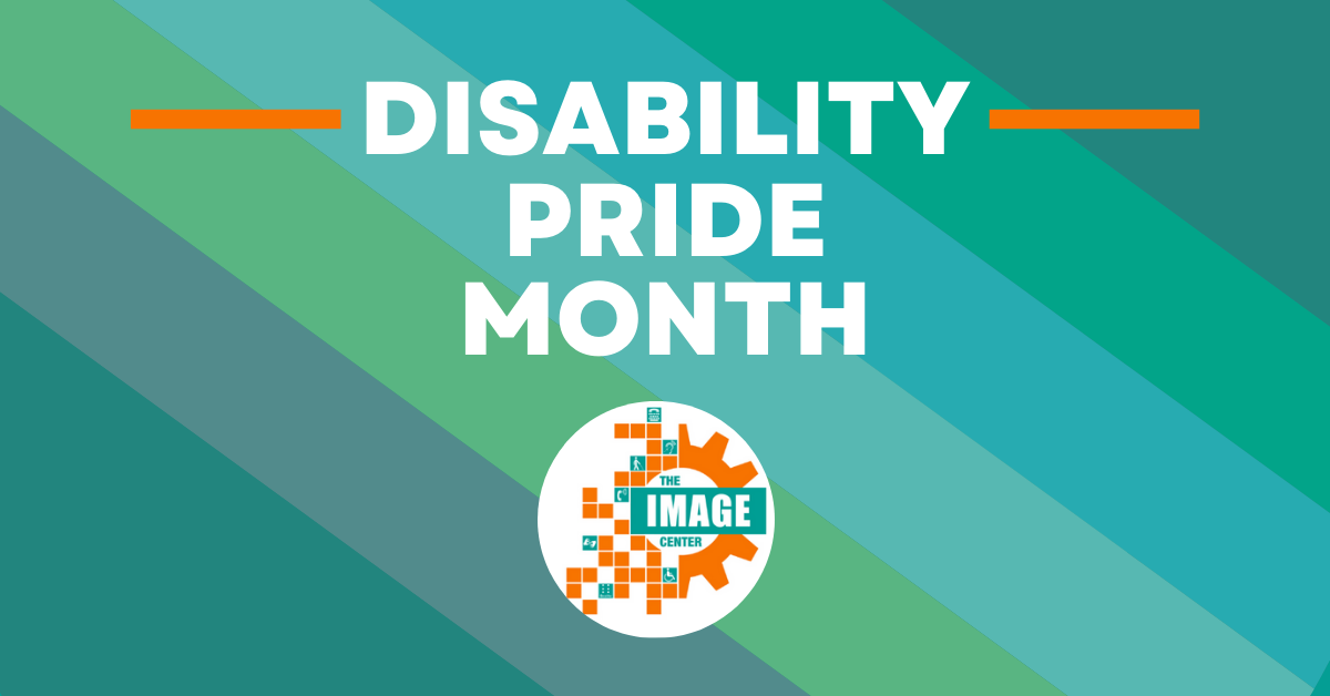 Disability Pride Month, with a flag in the background featuring faint colors of blues, greens, and grays.