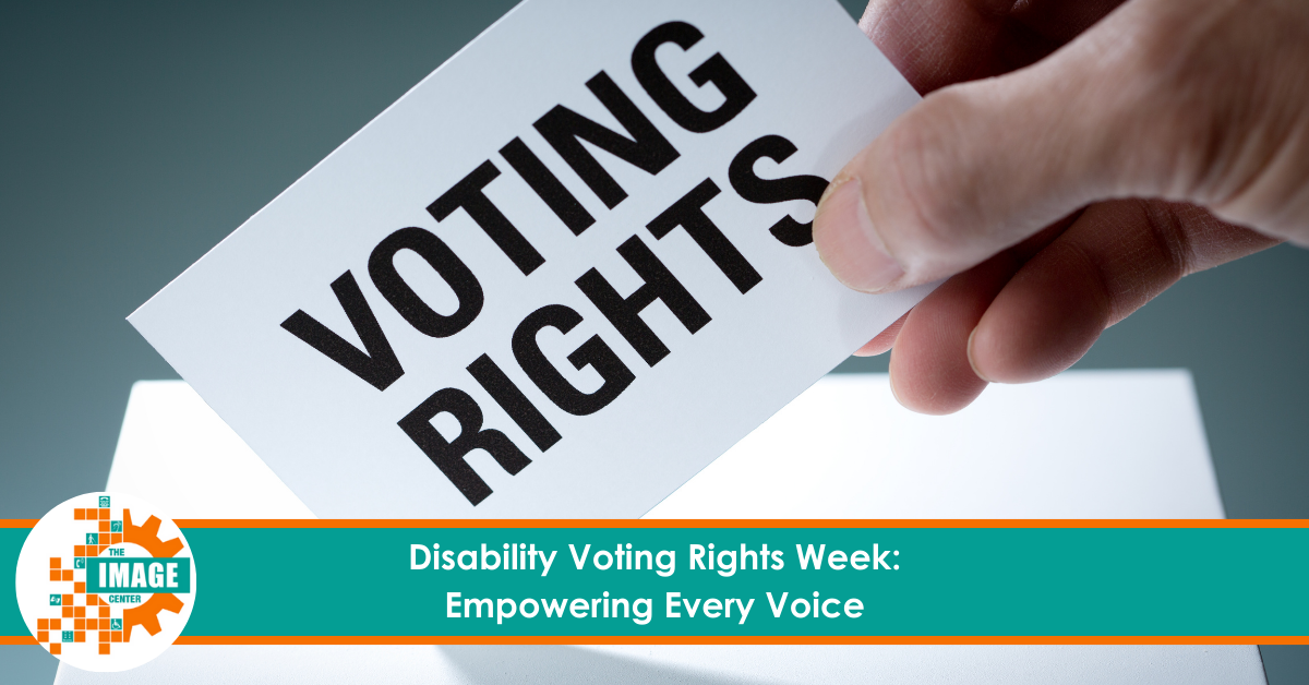 Someone holding a card that reads "Voting Rights." Text below across the screen says: "Disability Voting Rights Week: Empowering Every Voice."