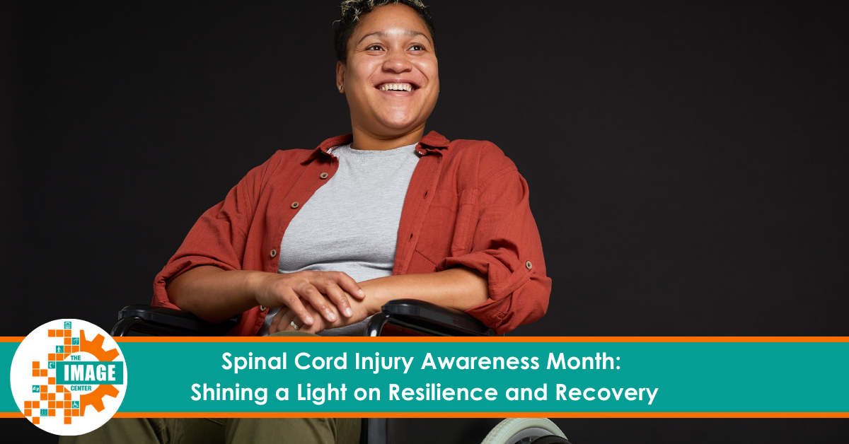 Young African woman with a disability sitting in a wheelchair, smiling, isolated against a black background. Text says, "Spinal Cord Injury Awareness Month: Shining a Light on Resilience and Recovery."