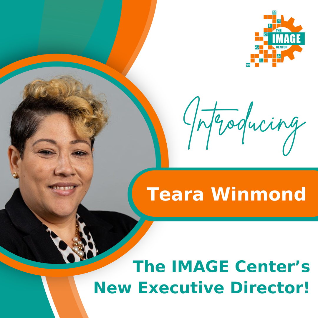 White, orange, and teal blue graphic with text that says, "Introducing Teara Winmond, The IMAGE Center's New Executive Director!" Teara Winmond is a Brown woman with brown eyes and a cropped haircut with dark roots and blond curls. She wears a black and white polka-dot blouse under a black blazer and pearl jewelry.